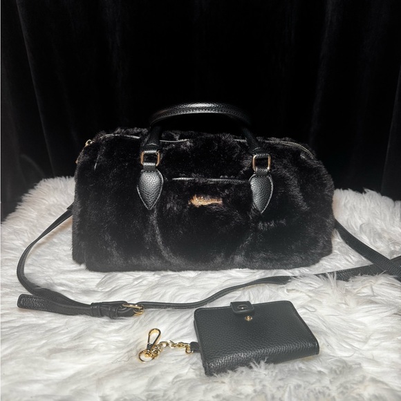Rachel Roy Black Faux Fur Bag with Card Case - Picture 1 of 9